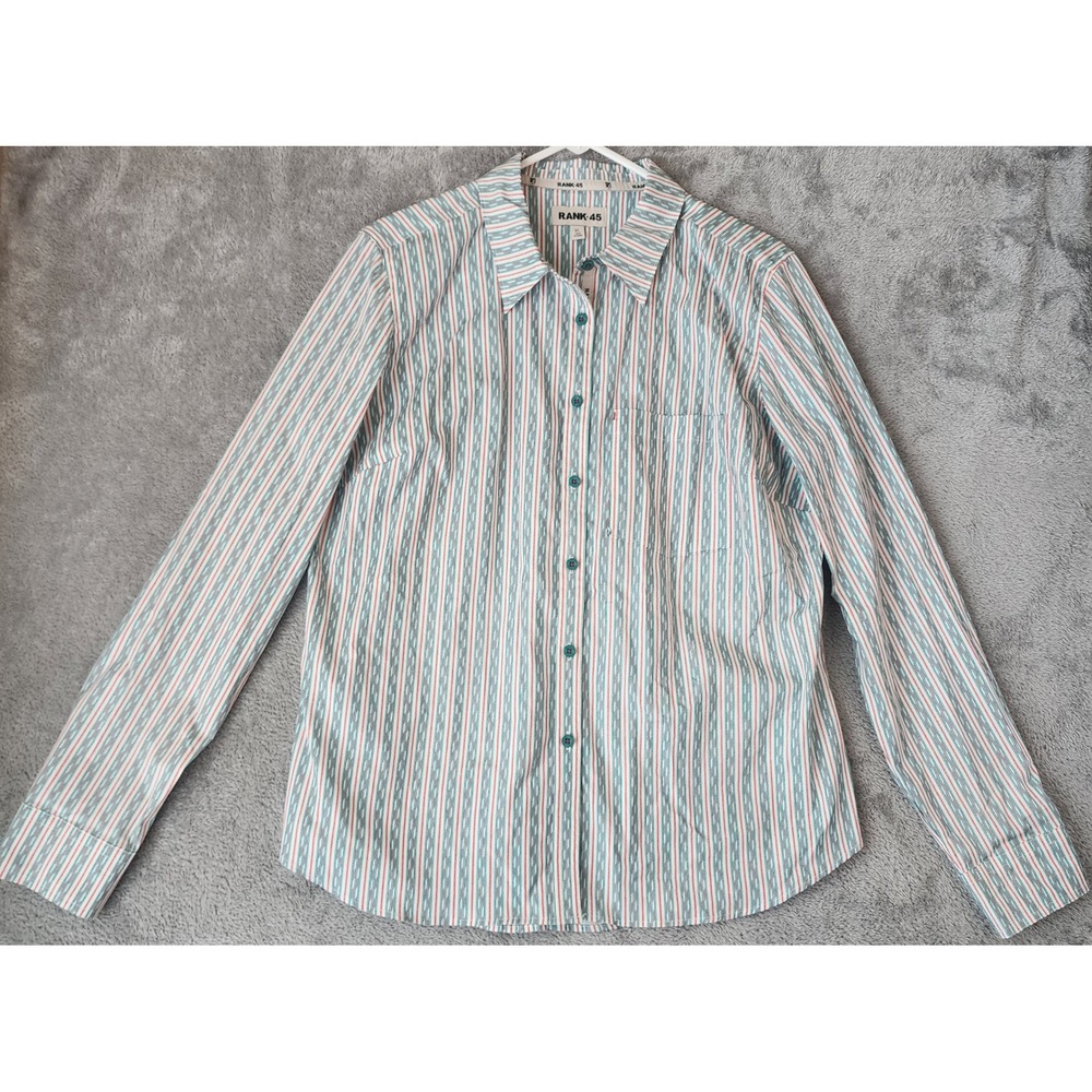 Rank 45 Shirt Womens XL Teal Red Geometric Stripe Long Sleeve Button Down Top